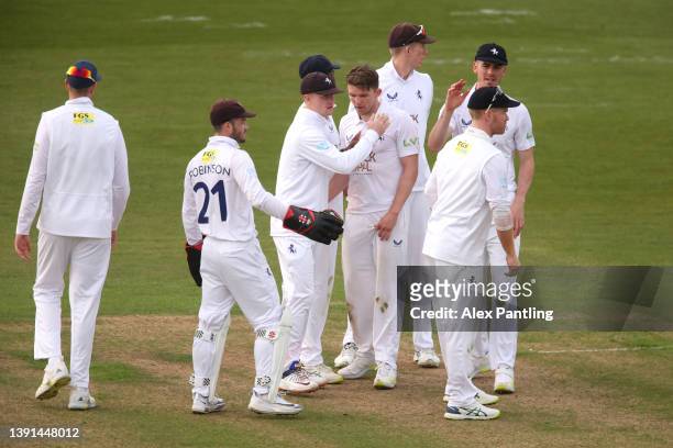 Matthew Milnes of Kent celebrates taking the wicket of Dane Vilas of Lancashire during the LV= Insurance County Championship match between Kent and...