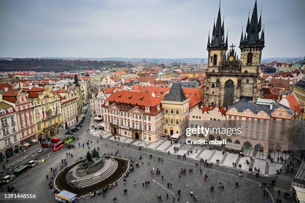 view of church of our lady before tyn and old town square from old town tower - prague czechia - prague tourist stock pictures, royalty-free photos & images