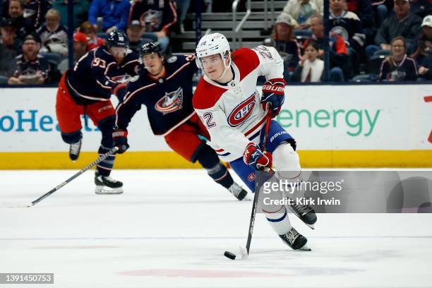 Cole Caufield of the Montreal Canadiens controls the puck during the game against the Columbus Blue Jackets at Nationwide Arena on April 13, 2022 in...