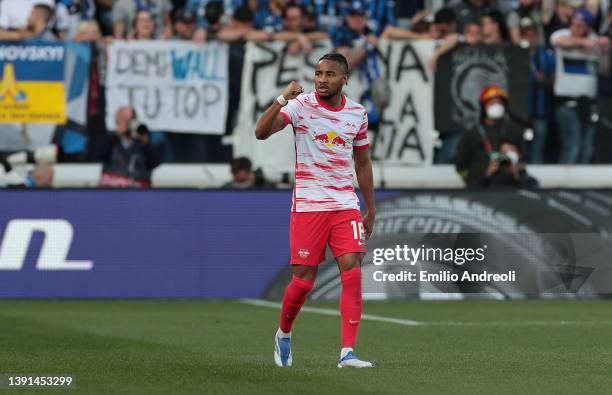 Christopher Nkunku of RB Leipzig celebrates after scoring their team's first goal during the UEFA Europa League Quarter Final Leg Two match between...