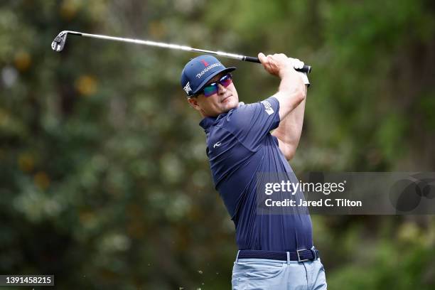 Zach Johnson plays his shot from the fourth tee during the first round of the RBC Heritage at Harbor Town Golf Links on April 14, 2022 in Hilton Head...