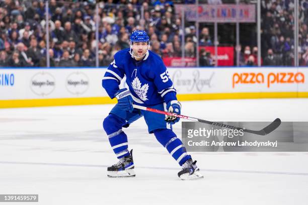 Mark Giordano of the Toronto Maple Leafs skates against the Buffalo Sabres during the second period at the Scotiabank Arena on April 12, 2022 in...