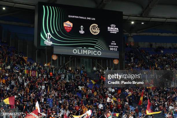 The LED screen inside the stadium displays the match information prior to the UEFA Conference League Quarter Final Leg Two match between AS Roma and...