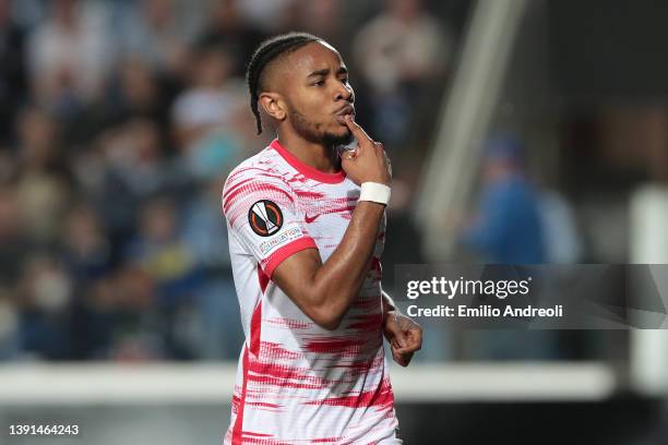 Christopher Nkunku of RB Leipzig celebrates after scoring their team's second goal during the UEFA Europa League Quarter Final Leg Two match between...