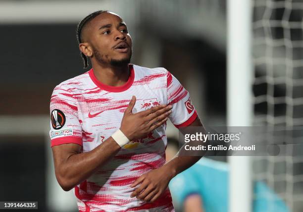 Christopher Nkunku of RB Leipzig celebrates after scoring their team's second goal during the UEFA Europa League Quarter Final Leg Two match between...