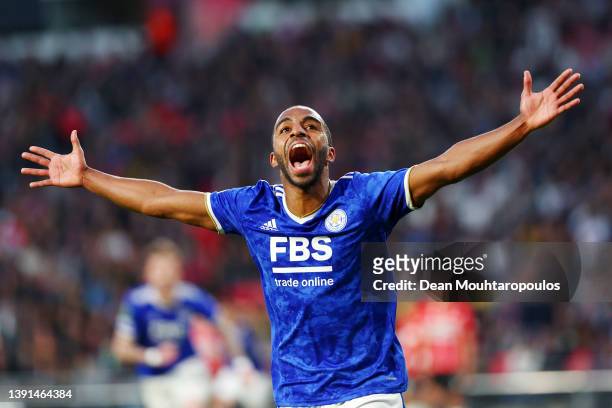 Ricardo Pereira of Leicester City celebrates after scoring their team's second goal during the UEFA Conference League Quarter Final Leg Two match...