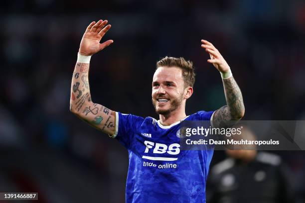 James Maddison of Leicester City celebrates following their side's victory and advancement in the UEFA Conference League Quarter Final Leg Two match...