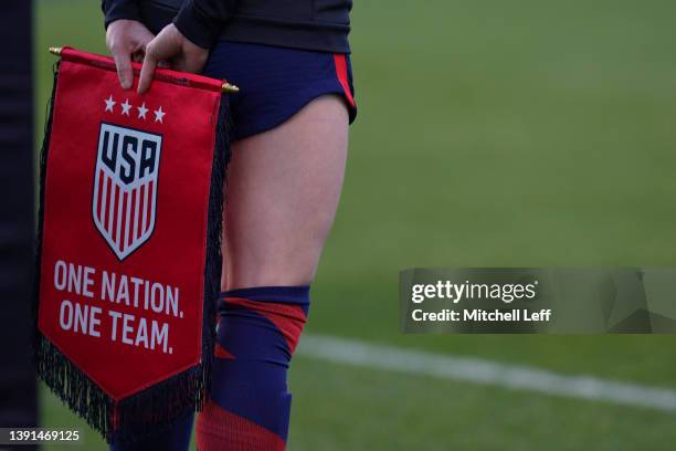 Detailed view of the United States women's national team flag against Uzbekistan at Subaru Park on April 12, 2022 in Chester, Pennsylvania.