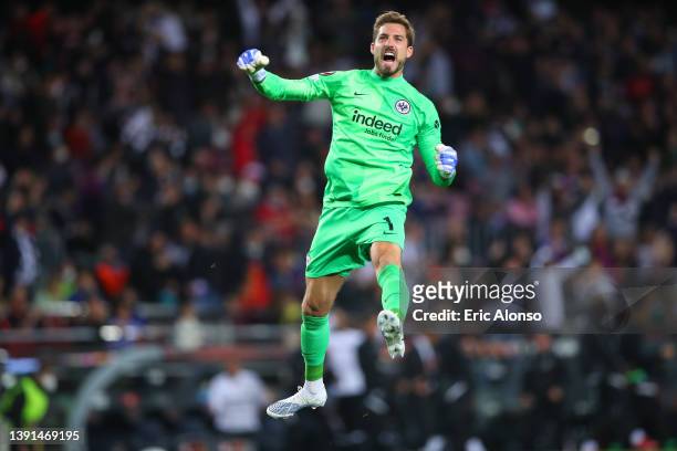 Kevin Trapp of Eintracht Frankfurt celebrates their sides first goal scored by Filip Kostic during the UEFA Europa League Quarter Final Leg Two match...