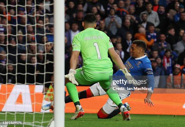 James Tavernier of Rangers scores the opening goal during the UEFA Europa League Quarter Final Leg Two match between Rangers FC and Sporting Braga at...