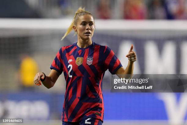 Abby Dahlkemper of the United States looks on against Uzbekistan at Subaru Park on April 12, 2022 in Chester, Pennsylvania.