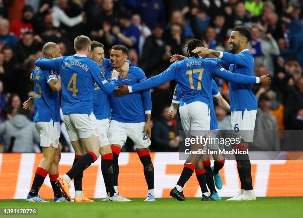 James Tavernier of Rangers celebrates with teammates after scoring their team's first goal during the UEFA Europa League Quarter Final Leg Two match...