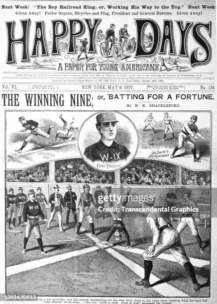 The cover of Happy Days, a weekly 'Paper for Young Americans,' features several woodcuts of baseball scenes, May 8, 1897.