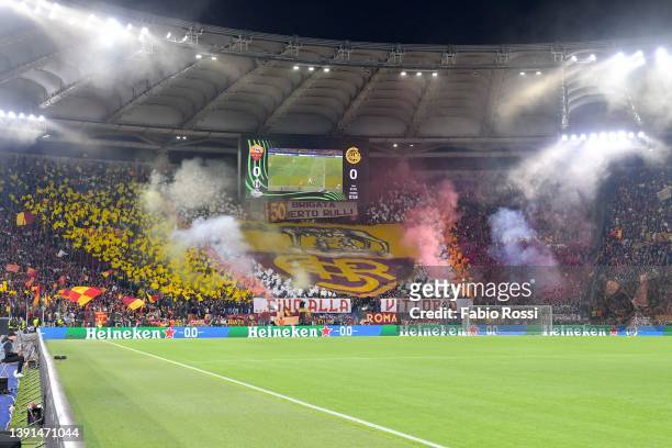 General view of AS Roma fans during the UEFA Conference League Quarter Final Leg Two match between AS Roma and FK Bodø/Glimt at Olimpico Stadium on...