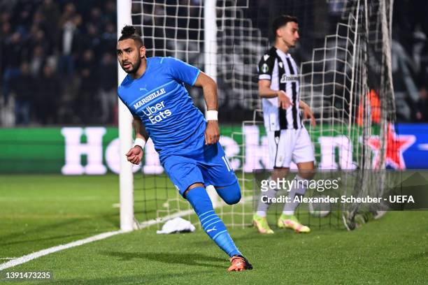 Dimitri Payet of Marseille celebrates after scoring their sides first goal during the UEFA Conference League Quarter Final Leg Two match between PAOK...