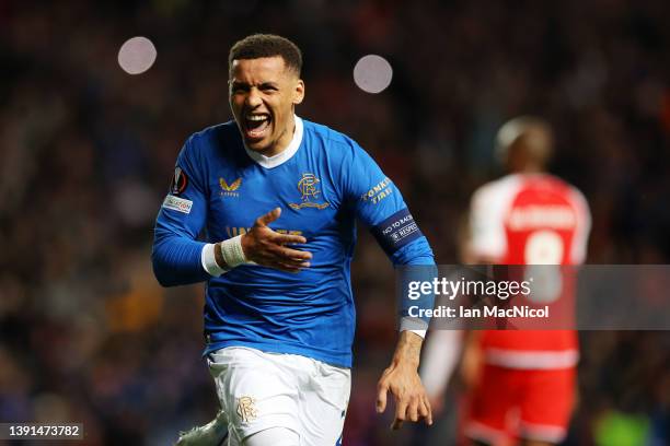 James Tavernier of Rangers celebrates after scoring their team's second goal from the penalty spot during the UEFA Europa League Quarter Final Leg...