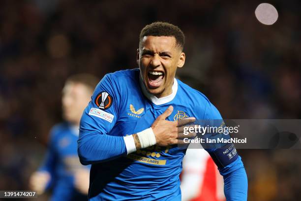 James Tavernier of Rangers celebrates after scoring their team's second goal from the penalty spot during the UEFA Europa League Quarter Final Leg...