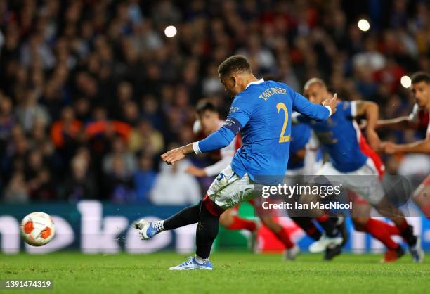 James Tavernier of Rangers scores their team's second goal from the penalty spot during the UEFA Europa League Quarter Final Leg Two match between...