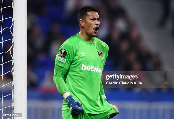 Alphonse Areola of West Ham United reacts during the UEFA Europa League Quarter Final Leg Two match between Olympique Lyon and West Ham United at...