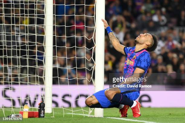 Pierre-Emerick Aubameyang of FC Barcelona reacts during the UEFA Europa League Quarter Final Leg Two match between FC Barcelona and Eintracht...
