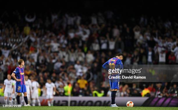 Ferran Torres of FC Barcelona looks dejected after Filip Kostic of Eintracht Frankfurt scores their sides third goal during the UEFA Europa League...