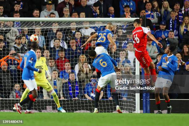 David Carmo of Sporting Braga scores their team's first goal during the UEFA Europa League Quarter Final Leg Two match between Rangers FC and...