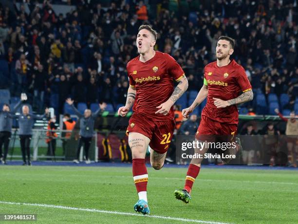 Nicolò Zaniolo of AS Roma celebrates after scoring goal 3-0 during the UEFA Conference League Quarter Final Leg Two match between AS Roma and FK...