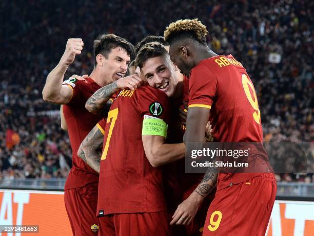 Nicolò Zaniolo of AS Roma celebrates with teammate after scoring goal 3-0 during the UEFA Conference League Quarter Final Leg Two match between AS...