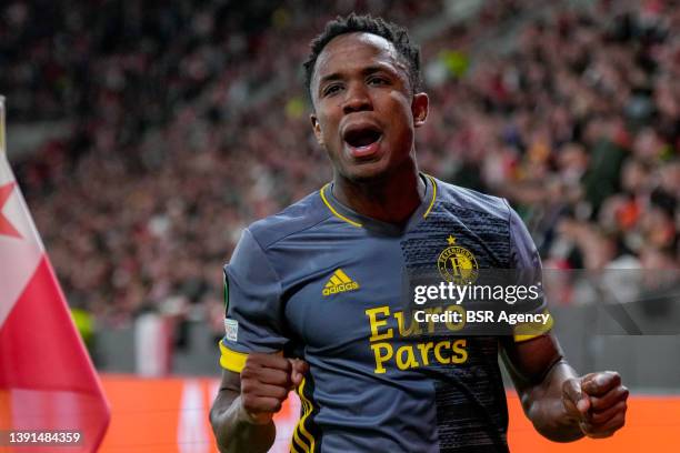 Luis Sinisterra of Feyenoord is celebrating his goal during the Quarter Finals UEFA Europa League match between Slavia Prague and Feyenoord at Eden...