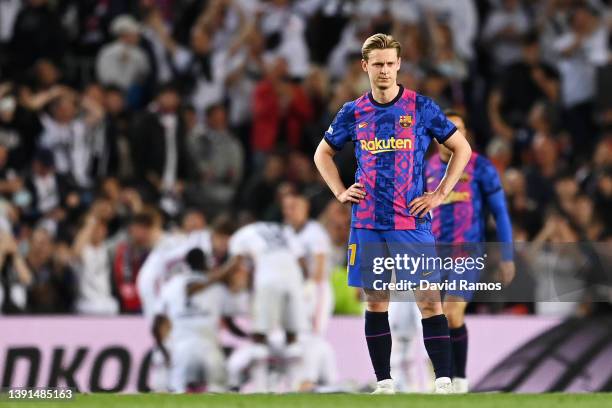 Frenkie de Jong of FC Barcelona looks dejected after Filip Kostic of Eintracht Frankfurt scores their sides third goal during the UEFA Europa League...