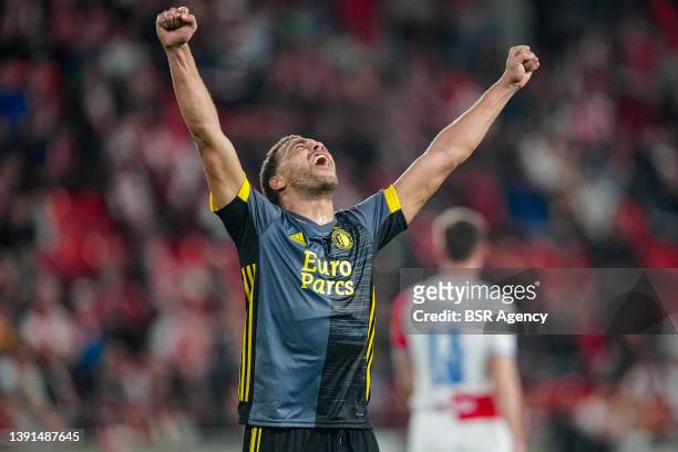 Cyriel Dessers of Feyenoord is celebrating reaching the semi finals during the Quarter Finals UEFA Europa League match between Slavia Prague and...