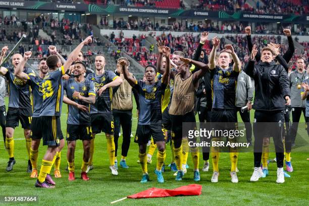 Players of Feyenoord celebrating the victory with the fans during the Quarter Finals UEFA Europa League match between Slavia Prague and Feyenoord at...