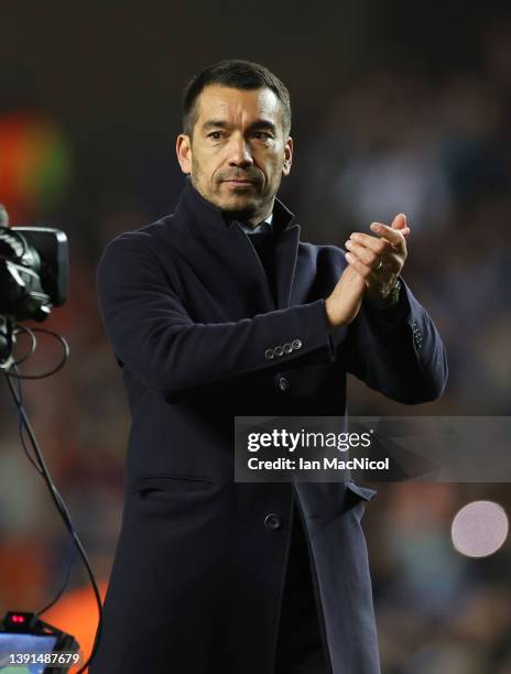 Rangers manager Giovanni van Bronckhorst reacts at full time during the UEFA Europa League Quarter Final Leg Two match between Rangers FC and...