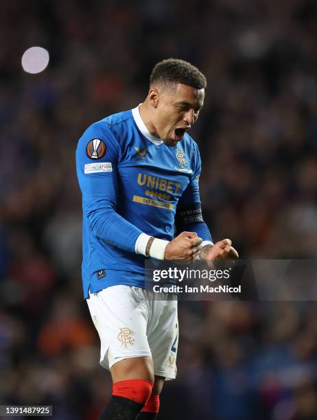 Rangers captain James Tavernier reacts at full time during the UEFA Europa League Quarter Final Leg Two match between Rangers FC and Sporting Braga...