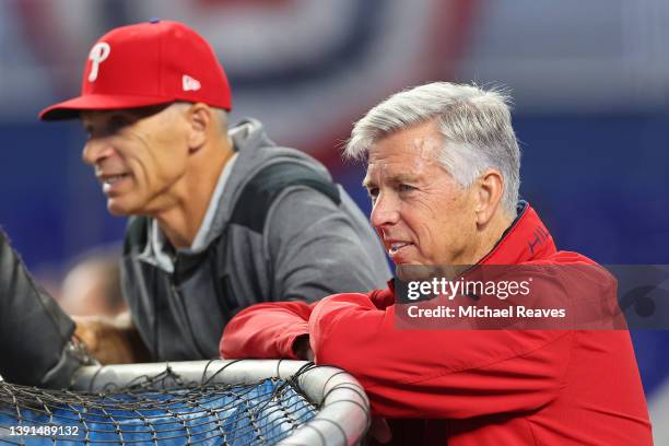 Manager Joe Girardi and President of Baseball Operations Dave Dombrowski of the Philadelphia Phillies look on during batting practice prior to the...