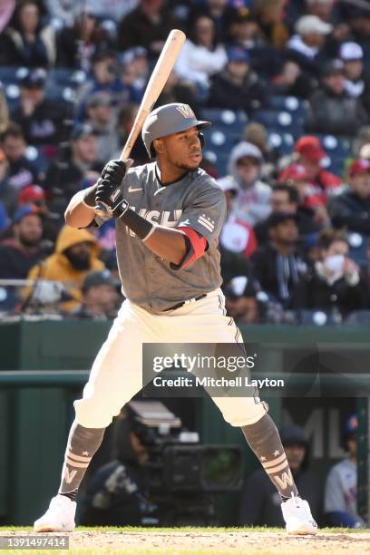 Maikel Franco of the Washington Nationals prepares for a pitch during a baseball game against the New York Mets at the Nationals Park on April 10,...