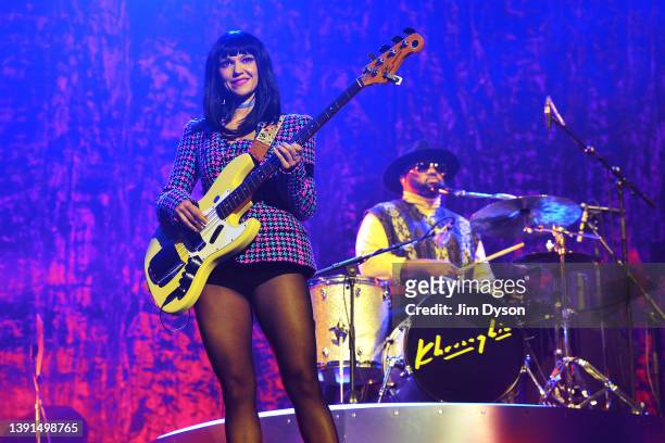 Laura Lee of Khruangbin performs at Alexandra Palace on April 14, 2022 in London, England.