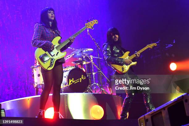Mark Speer and Laura Lee and of Khruangbin perform at Alexandra Palace on April 14, 2022 in London, England.