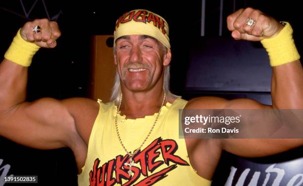 American professional wrestler and television personality Hulk Hogan, flexes as he poses for a portrait circa 1995 in Los Angeles, California.