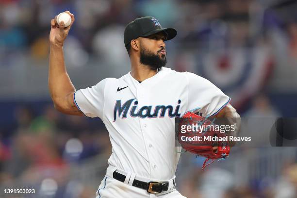 Sandy Alcantara of the Miami Marlins delivers a pitch against the Philadelphia Phillies during the fourth inning at loanDepot park on April 14, 2022...