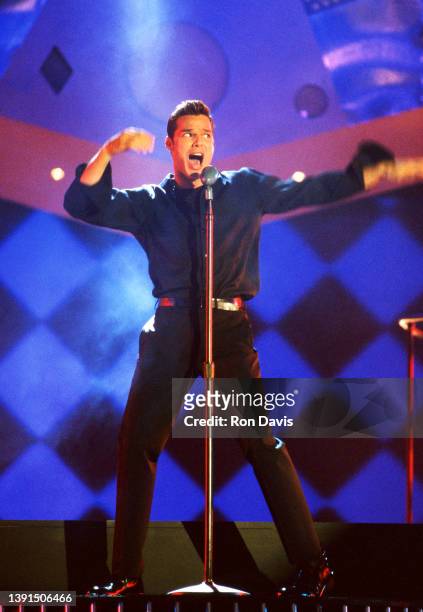 Puerto Rican singer and actor Ricky Martin, performs on stage during the 1999 World Music Awards on May 5, 1999 in Monte Carlo, Monaco.
