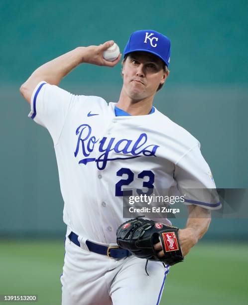 Starting pitcher Zack Greinke of the Kansas City Royals warms up prior to a game against the Detroit Tigers at Kauffman Stadium on April 14, 2022 in...
