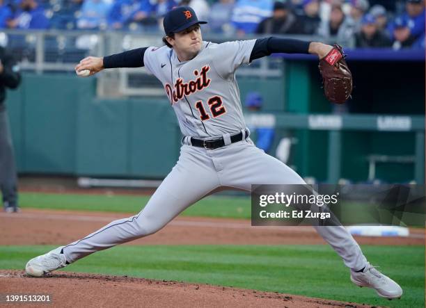 Starting pitcher Casey Mize of the Detroit Tigers throws in the first inning against the Kansas City Royals at Kauffman Stadium on April 14, 2022 in...