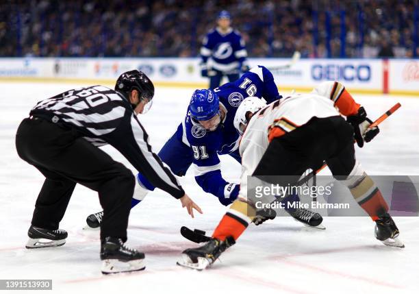 Steven Stamkos of the Tampa Bay Lightning faces off in the second period during a game against the Anaheim Ducks at Amalie Arena on April 14, 2022 in...