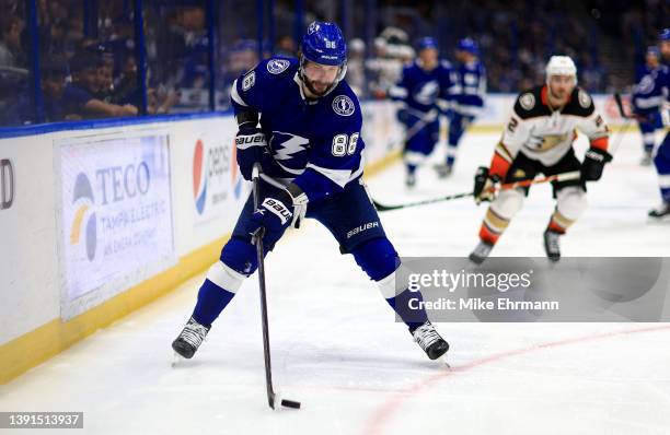 Nikita Kucherov of the Tampa Bay Lightning looks to pass in the second period during a game against the Anaheim Ducks at Amalie Arena on April 14,...