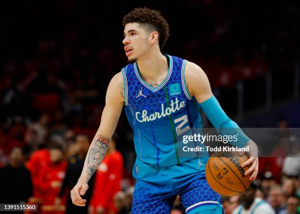 LaMelo Ball of the Charlotte Hornets during the first half against the Atlanta Hawks at State Farm Arena on April 13, 2022 in Atlanta, Georgia. NOTE...