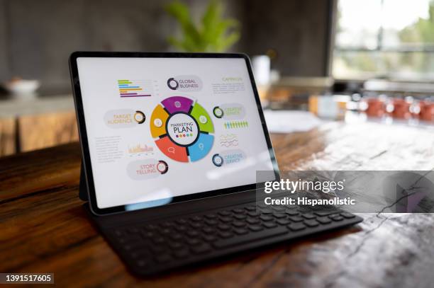 close-up on a marketing plan displayed ona tablet computer - email campaign stock pictures, royalty-free photos & images