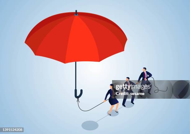 isometric three businessmen pulling together a huge umbrella and rising into the air for higher and better protection, business agency and business insurance - legal concept stock illustrations