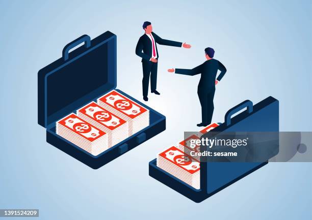 isometric two businessmen gesturing introducing each other while standing near suitcases full of banknotes - open suitcase stock illustrations