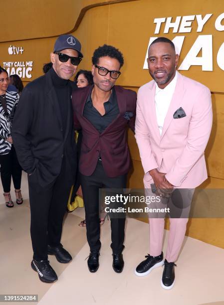 Jimmy Jam, Eric Benét and Terry Washington attend the Los Angeles premiere of Apple's "They Call Me Magic" at Regency Village Theatre on April 14,...